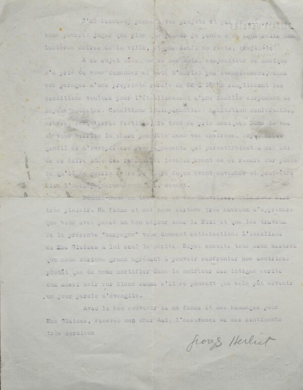 Lettre de Georges Herbiet à Albert Gleizes