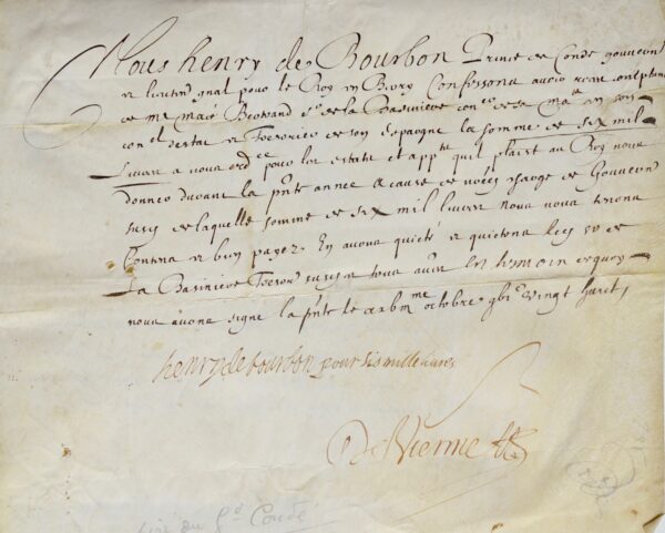 Le prince de Condé reçoit ses émoluments de gouverneur du Berry