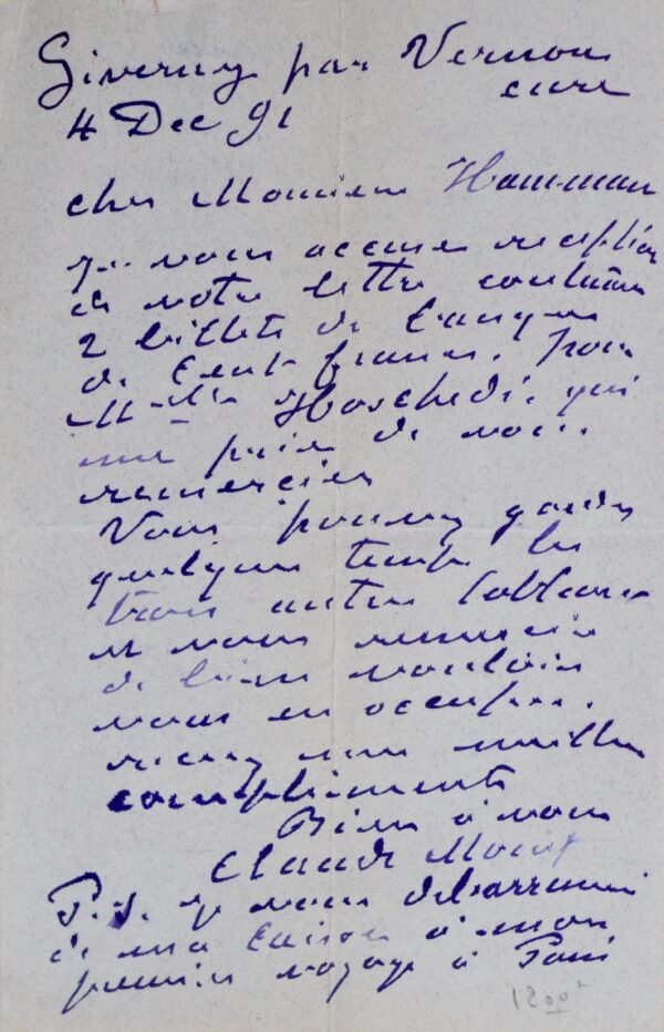 Belle lettre de Monet à Hamman