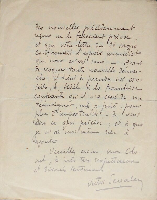 Victor Segalen soutient son ami Claude Farrère