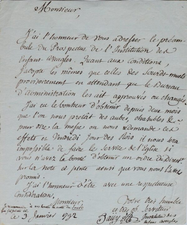 Rarissime lettre de Valentin Haüy sur les enfants aveugles