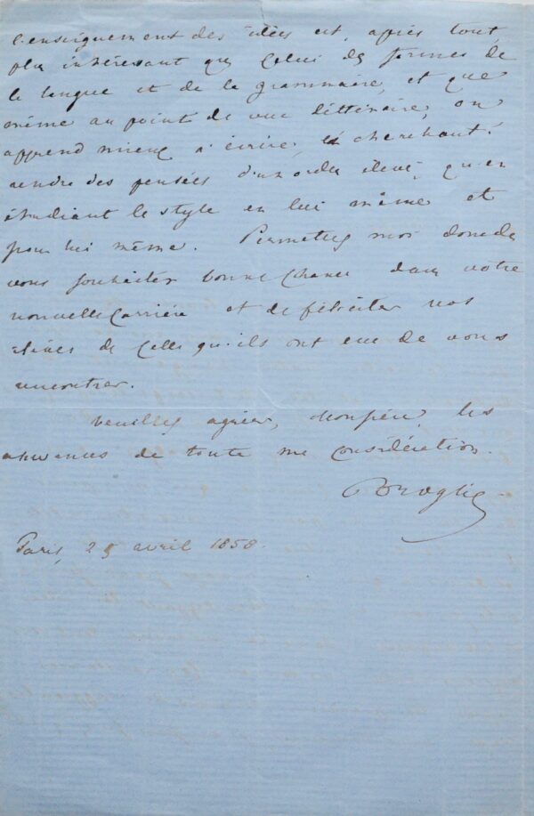 Belle lettre d'Albert de Broglie