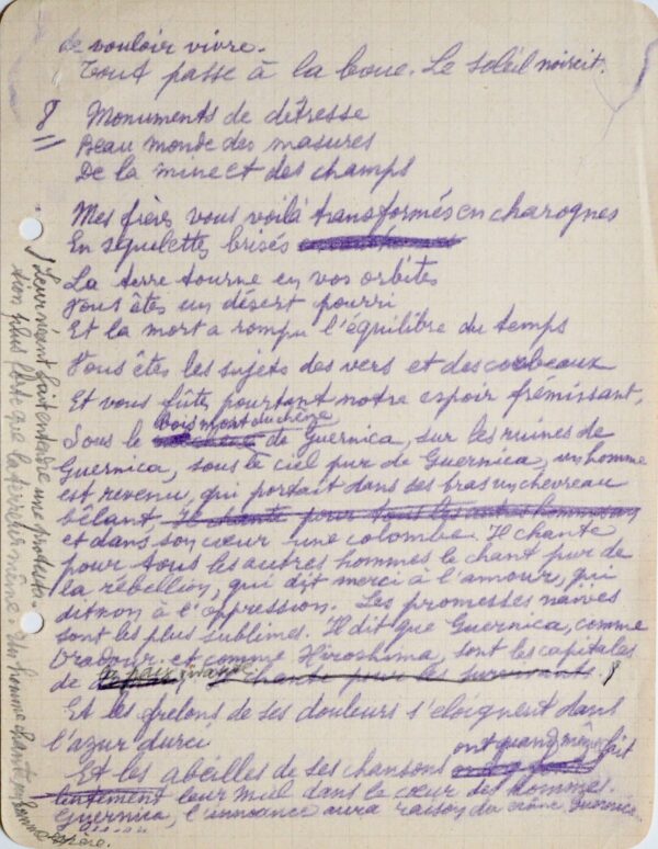 Corrections d'Éluard pour son texte sur le Guernica d'Alain Resnais.