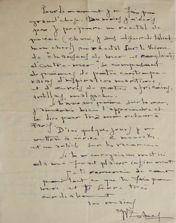 Belle lettre de l'écrivain martiniquais Joseph Zobel