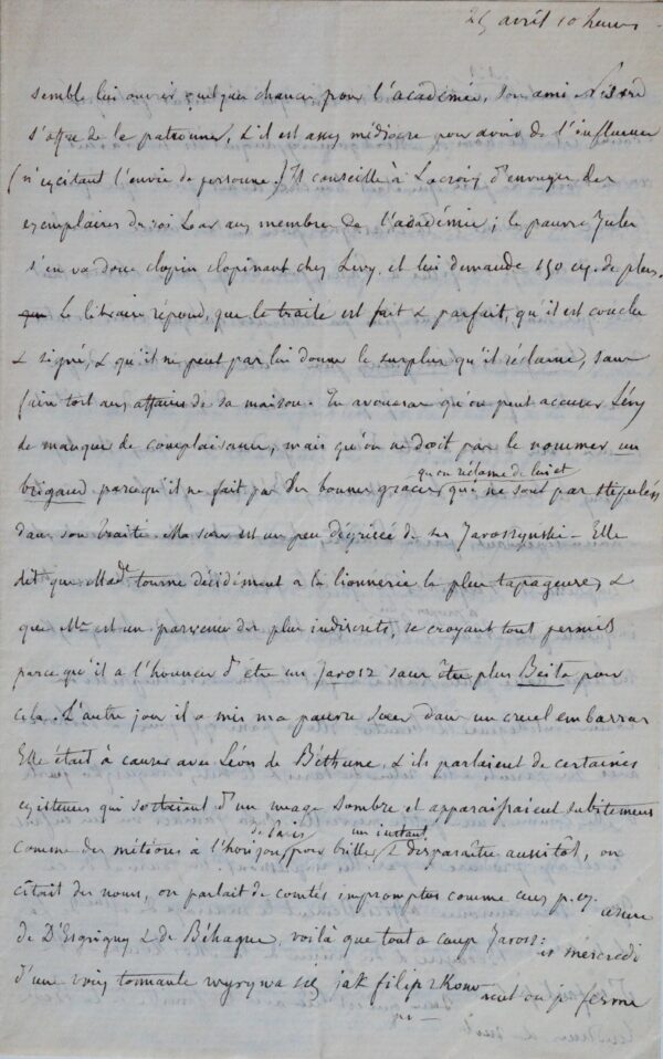 Très belle et très longue lettre de Mme Hanska (Balzac)