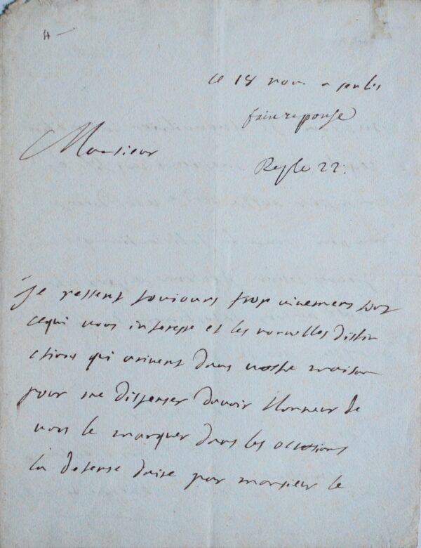 Lettre de l'évêque de Senlis Jean-François de Chamillart