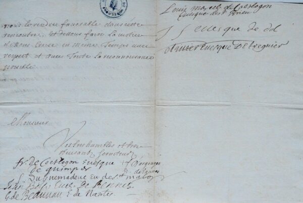 Rare document signé par les 8 évêques de Bretagne en 1699