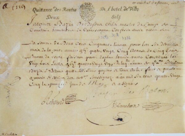 Pièce signée par le maréchal Jacques Bazin de Bezons