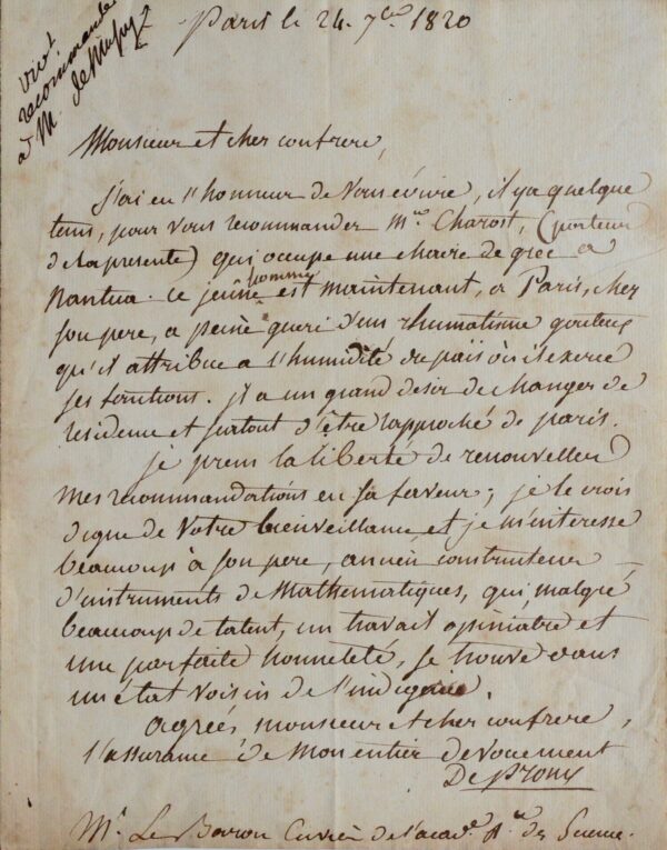 Lettre de Prony à Georges Cuvier