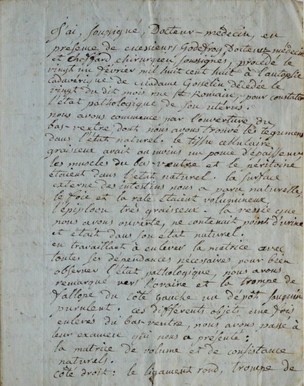 Description d'une autopsie d'utérus en 1808