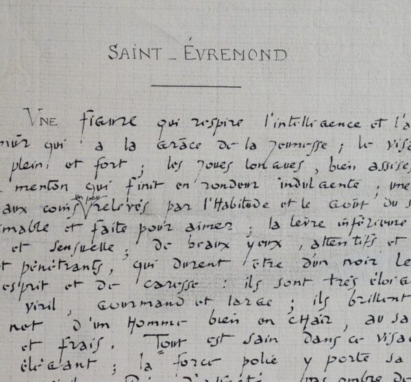 Beau manuscrit d'André Suarès sur Saint-Évremond