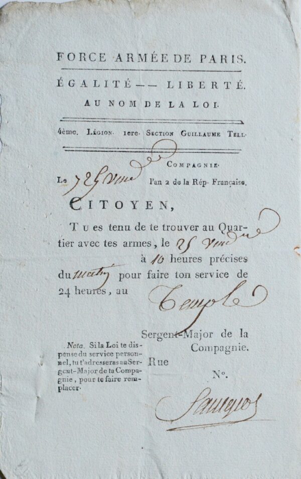 Convocation d'un garde au Temple pour l'exécution de Marie-Antoinette