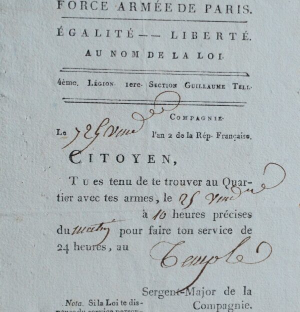 Convocation d'un garde au Temple pour l'exécution de Marie-Antoinette