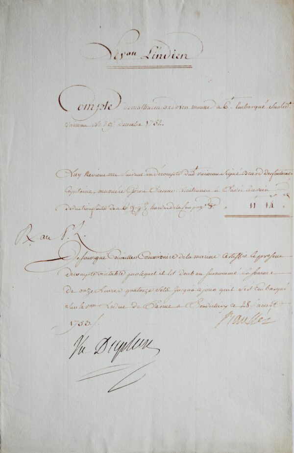 Rare document signé par Dupleix, à Pondichéry