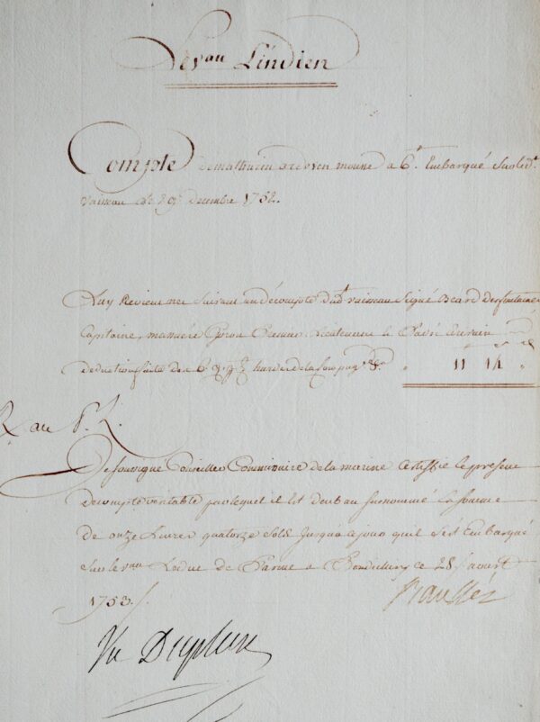 Rare document signé par Dupleix, à Pondichéry