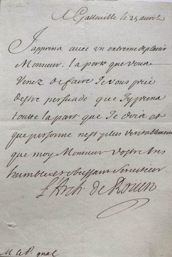 Jacques Nicolas Colbert, archevêque de Rouen, adresse ses condoléances