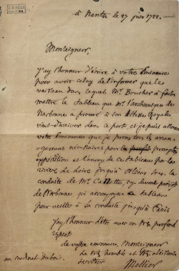 L'archevêque de Narbonne fait expédier un tableau au cardinal Dubois par l'intermédiaire du maire de Nantes