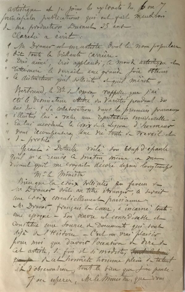 Draner reçoit l'appui d'Edouard Detaille pour la Légion d'honneur