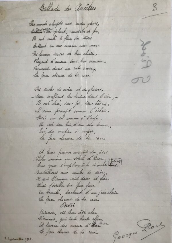 Manuscrit de Georges Pioch intitulé "Ballade des Ancêtres"