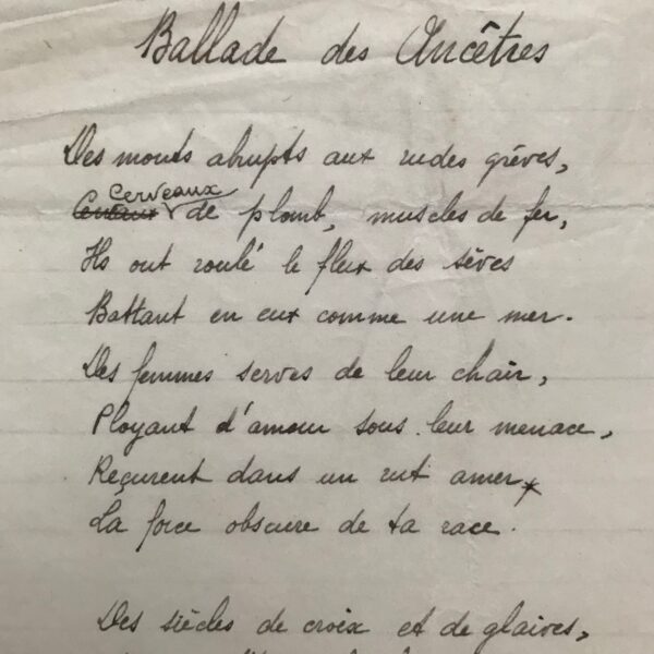 Manuscrit de Georges Pioch intitulé "Ballade des Ancêtres"