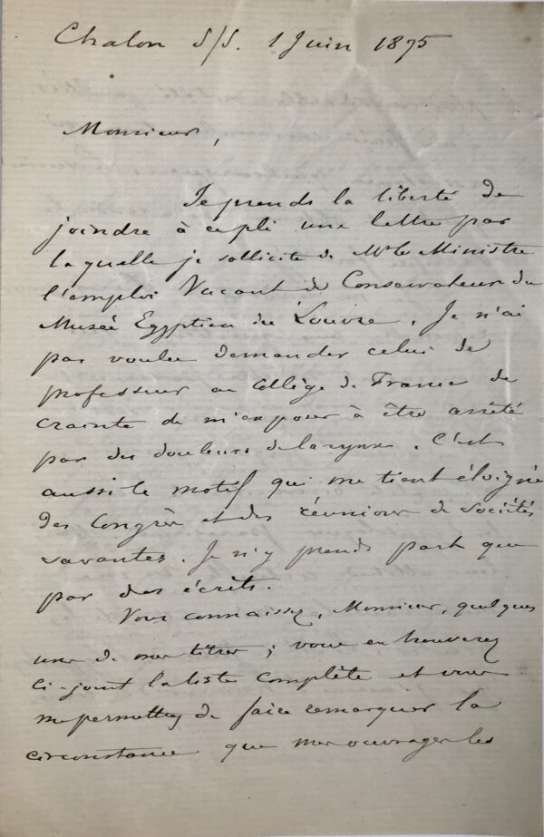 Candidature de François Chabas au poste de conservateur du musée Égyptien du Louvre