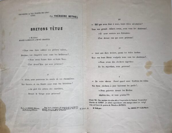 "Bretons têtus" de Théodore Botrel, avec signature autographe