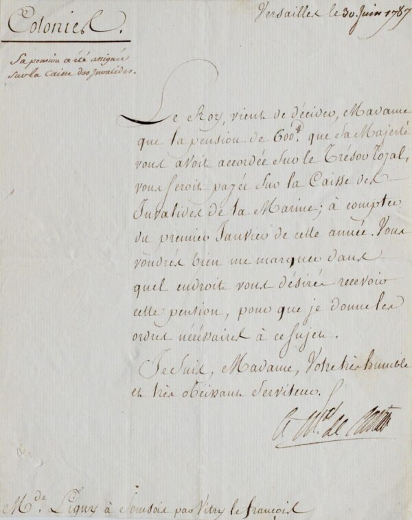 Le maréchal de Castries accorde une pension à une veuve