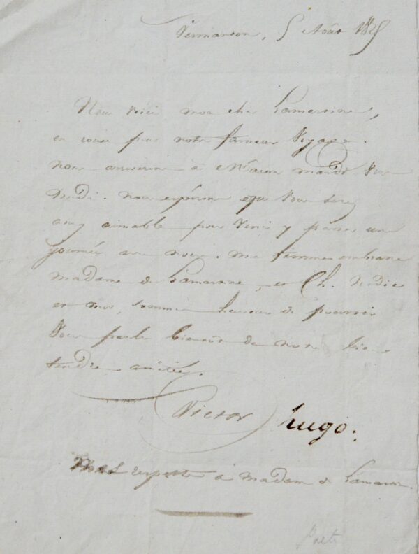 Rare lettre inédite de Victor Hugo à Lamartine lors de son voyage avec Nodier