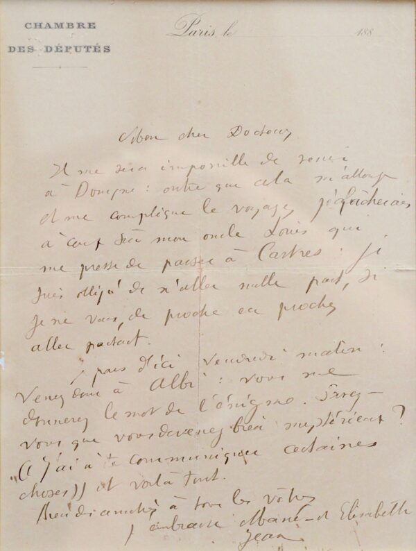 Belle lettre encadrée du jeune député Jean Jaurès