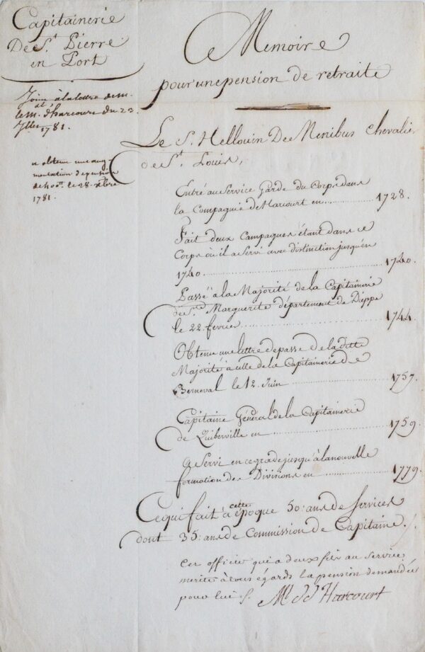 États de service d'Hellouin de Menibus certifiés par le maréchal d'Harcourt