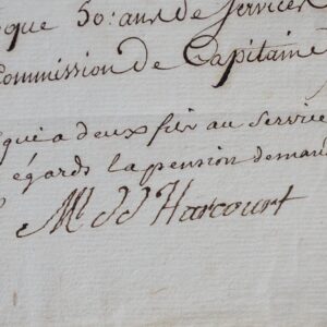 États de service d'Hellouin de Menibus certifiés par le maréchal d'Harcourt