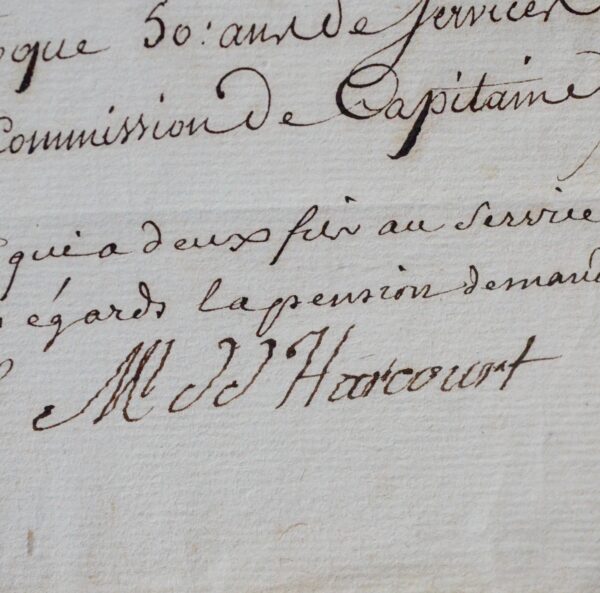 États de service d'Hellouin de Menibus certifiés par le maréchal d'Harcourt