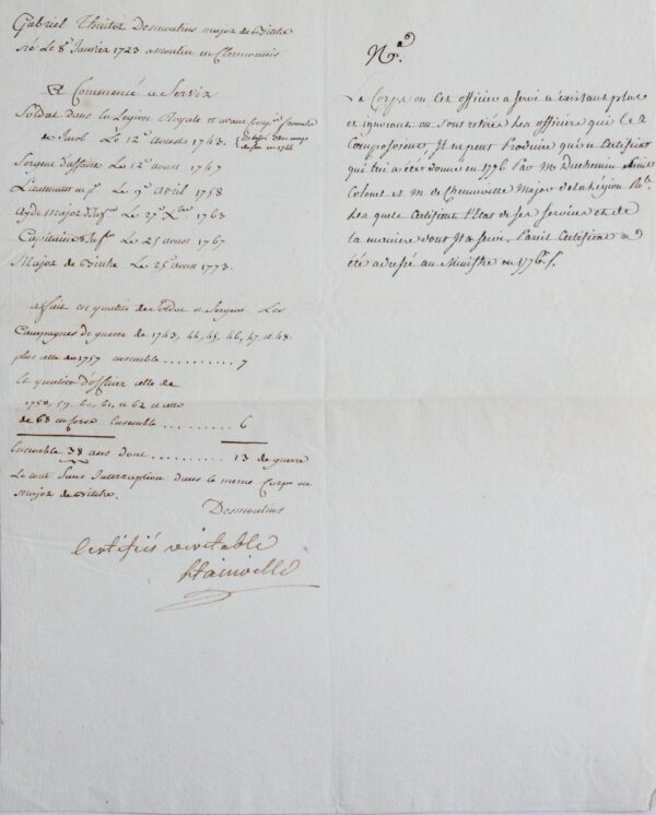 Certificat d'états de service d'un officier, signé par le maréchal de Stainville