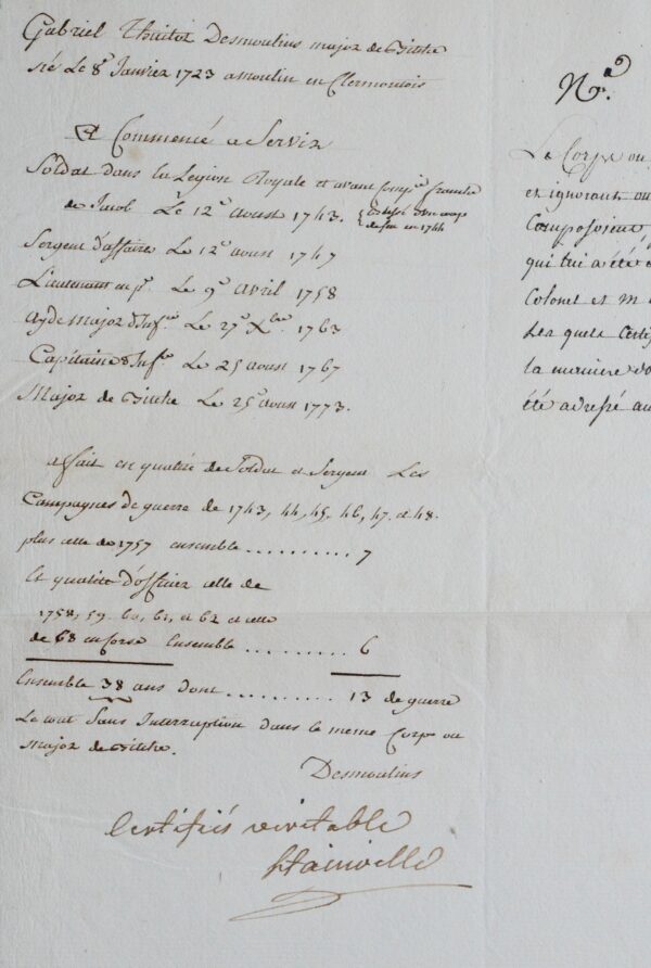 Certificat d'états de service d'un officier, signé par le maréchal de Stainville