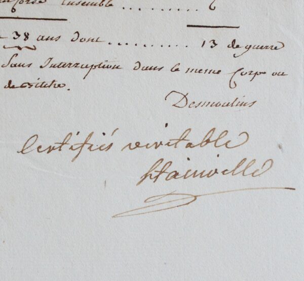 Certificat d'états de service d'un officier, signé par le maréchal de Stainville
