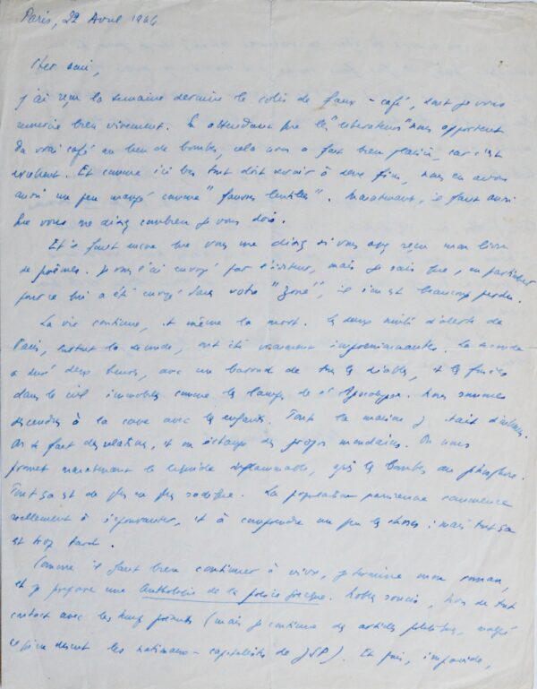 Lettre de 1944 de Brasillach évoquant le bombardement de Paris et les Américains