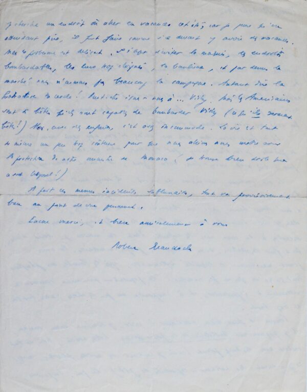 Lettre de 1944 de Brasillach évoquant le bombardement de Paris et les Américains