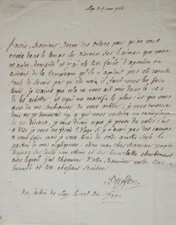 Rare lettre autographe de Buffon à Dutour de Salvert, sur les aimants