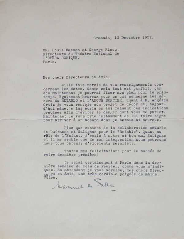 Manuel de Falla évoque L'Amour sorcier, El retablo de Maese Pedro et le projet de décor d'Ortiz