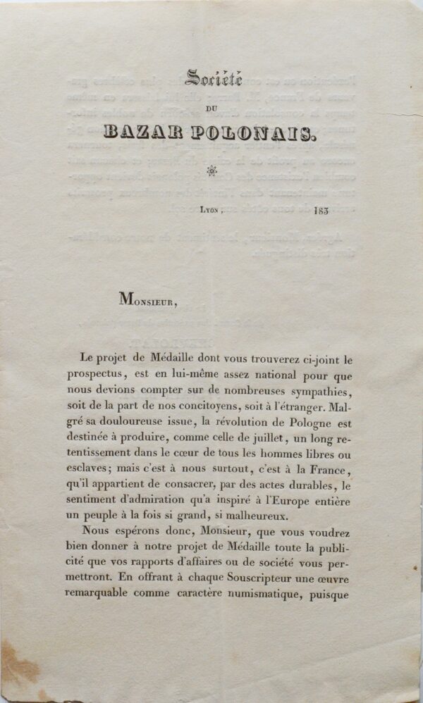 La Société du Bazar polonais de Lyon et l'insurrection polonaise de 1830