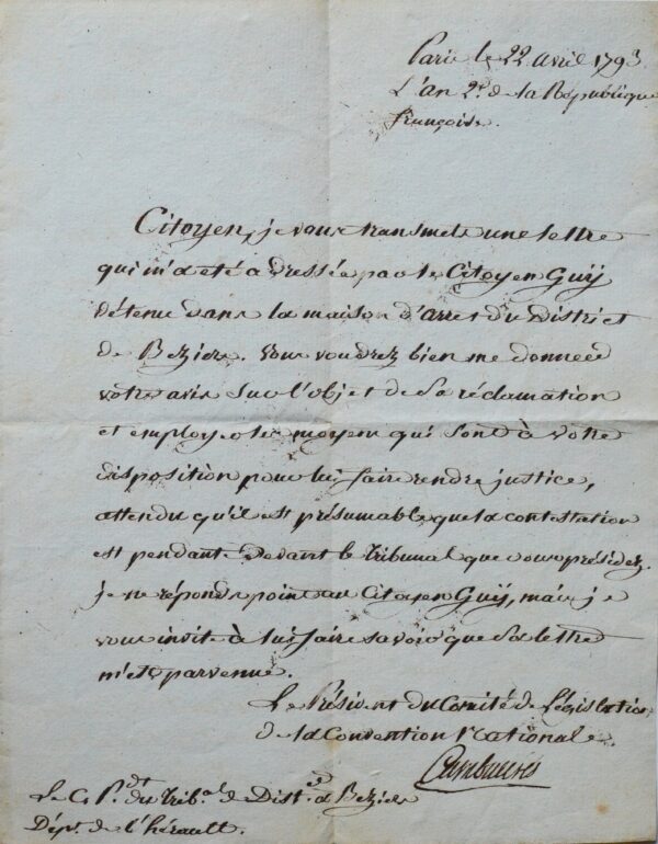 Cambacérès se préoccupe d'un détenu de la prison de Béziers