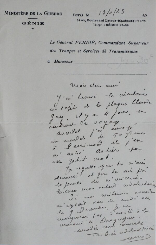 Gustave Ferrié tient à participer à la commémoration du naturaliste Claude Gay