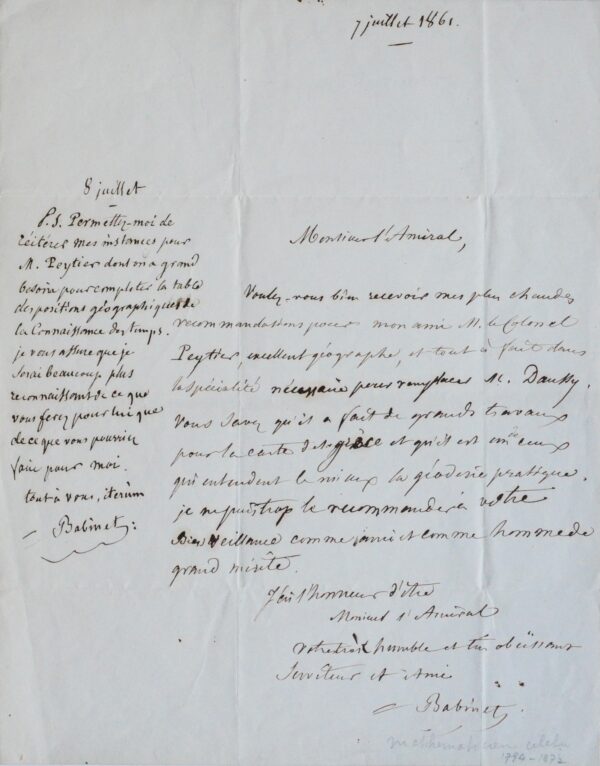 L'astronome Jacques Babinet recommande le colonel Peytier