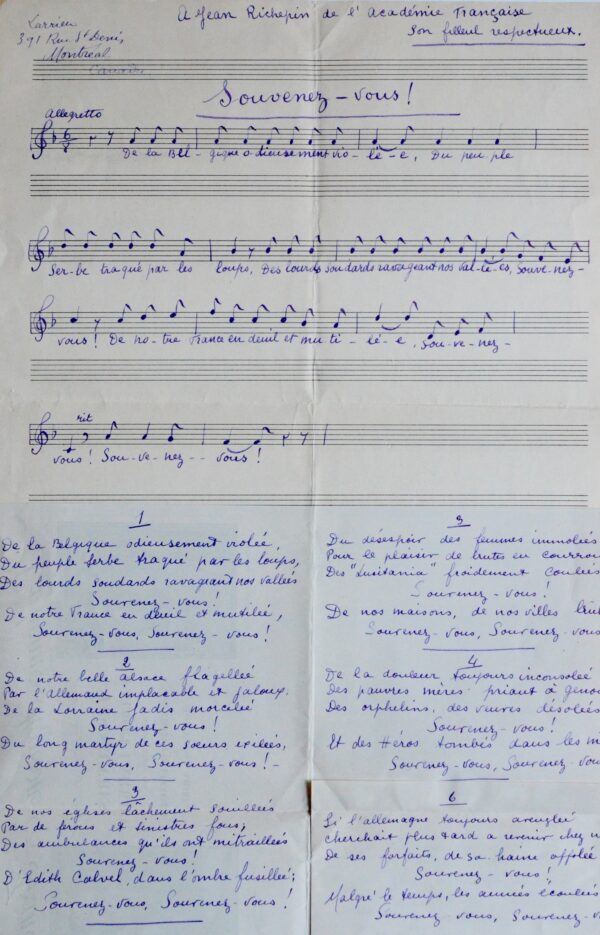 De Montréal, Albert Larrieu adresse à Richepin une chanson sur les blessures de l'Europe