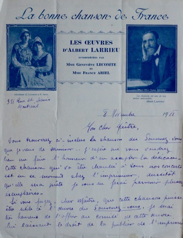 De Montréal, Albert Larrieu adresse à Richepin une chanson sur les blessures de l'Europe