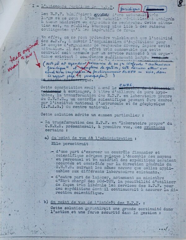 Rapport sur le statut des Expéditions Polaires Françaises par Paul-Émile Victor