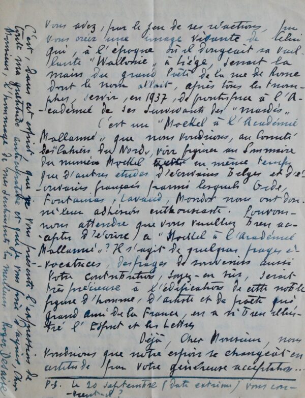 Roger Desaise demande deux articles sur Albert Mockel et Stéphane Mallarmé