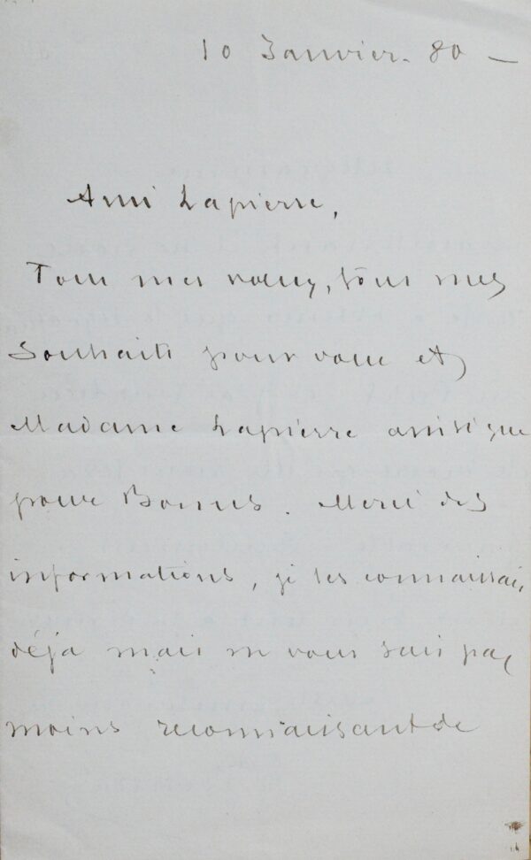 Lettre de Léon Bonnat à Lapierre, directeur du Nouvelliste de Rouen