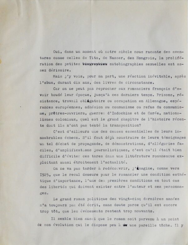 Rebatet évoque le roman politique, Dostoïevski, Nathalie Sarraute, etc.