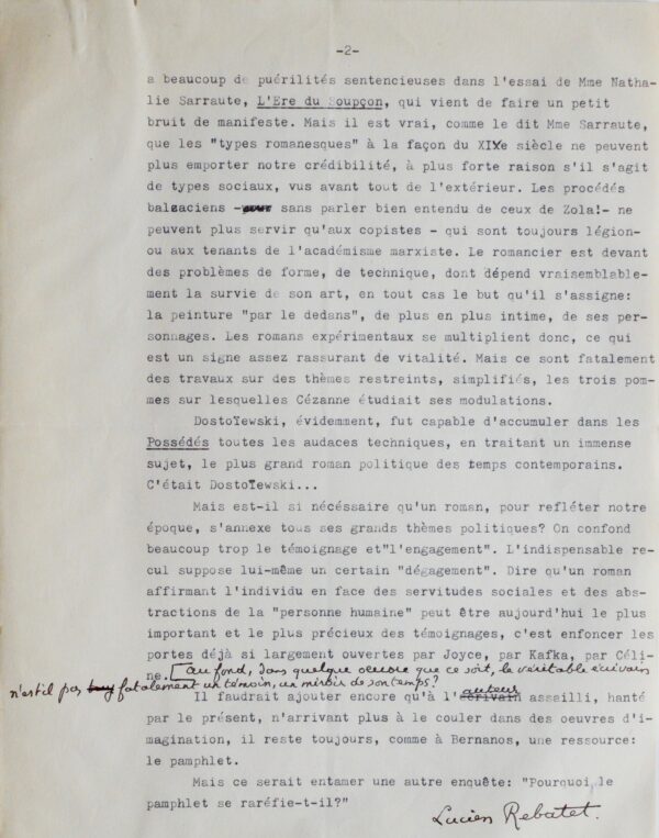 Rebatet évoque le roman politique, Dostoïevski, Nathalie Sarraute, etc.